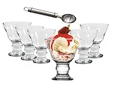 6 copas de helados de cristal y una cuchara para servir helados