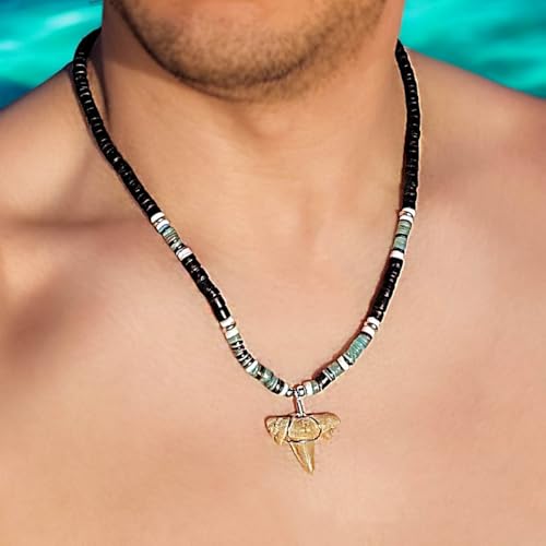 BlueRica Fossil Shark Tooth on Coconut & Shell Beads Necklace (18" 2S)2