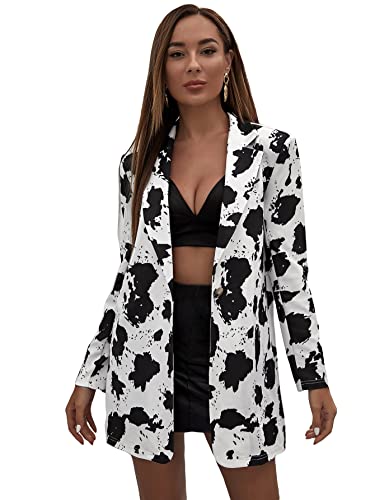 WDIRARA Women's Graphic Print Blazer Button Open Front Long Sleeve Jacket Multicolored
