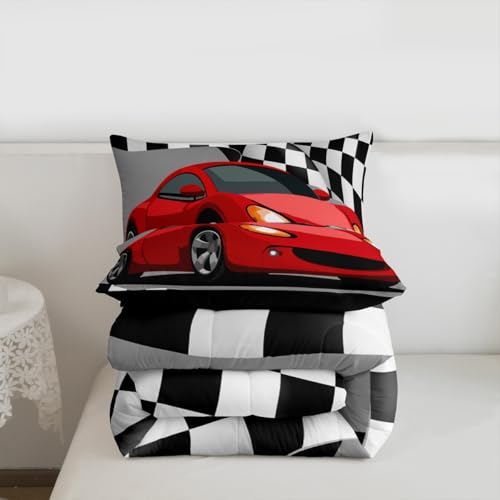 Image of Red Racing Car Comforter Set - Extreme Sports Theme Duvet Set - Black and White Grid Room Decor Quilt Set - Full Size