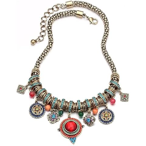 SUNLAND Bohemian Multicolor Round Pendants Enamel Rhinestone Ethnic Necklace for Women (Antique Gold) Cover