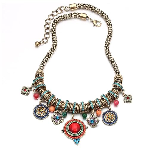 SUNLAND Bohemian Multicolor Round Pendants Enamel Rhinestone Ethnic Necklace for Women