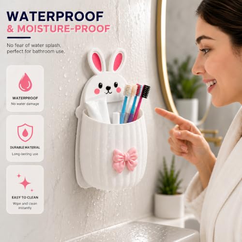 Image of Cute Rabbit Wall Mounted Toothbrush Holder | Self Adhesive Bathroom Organizer for Toothbrush, Toothpaste, Comb & Makeup Brushes | Bathroom Accessories for Kids & Home (Purple White Rabbit)