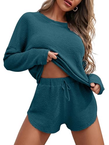 Image of Ekouaer Womens Pajama Sets Waffle Knit Sleepwear Long Sleeve Top and Shorts Nightwear Soft Loungewear Pjs Sets with Pockets Drawstring