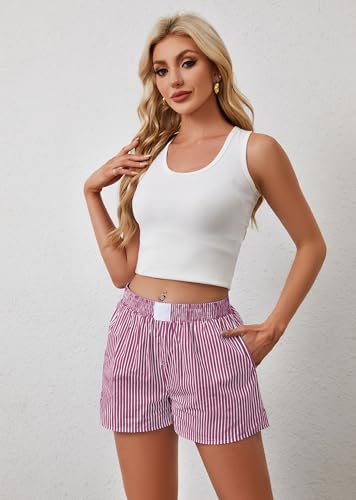 Image of Ythomm Womens Lounge Shorts Y2k Striped Print Elastic Waist Pajama Shorts Cute Boxers Bottoms With Pockets Comfy Sleepwear, X-Large, White-pink