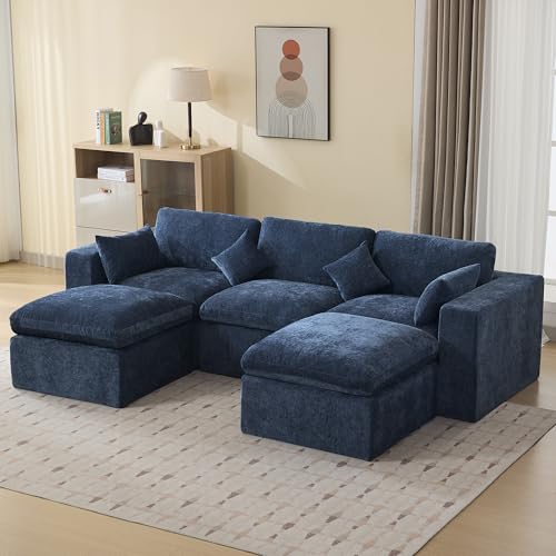 Image of 115'' Cloud Boneless Sectional Couch, Modular Sectional Sofa Deep Seat with 2 Ottomans, Oversized Upholstered Convertible Comfy 5 Seater Chenille Sofa U Shape Couches for Living Room, Navy