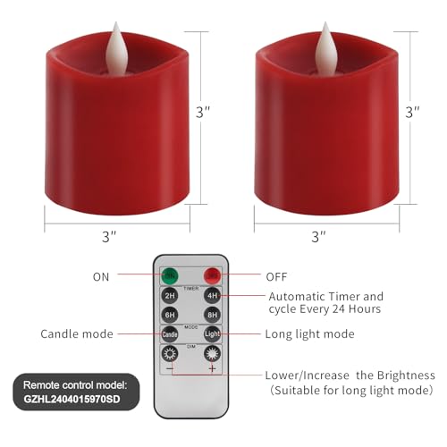 Image of 3x3 Flickering Flameless Candles Set of 2, 2AA Battery Life 600 Hours Battery Candles Flickering with Timer, 3 inch Flameless Candles with Remote for Indoor /Outdoor, Red
