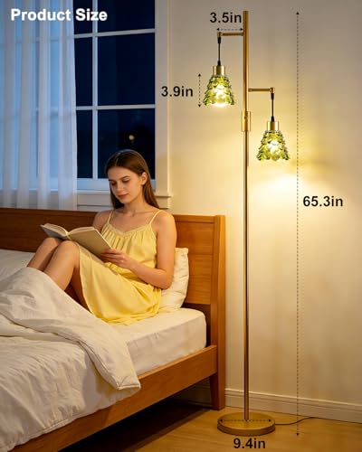 Image of 2-Light Modern Glass Floor Lamp, Gold Standing Tall Lamp with Green Shell Glass Shade, Dimmable LED Floor Lamp with 5Lbs Heavy Base for Living Room Bedroom Home Decor, Bulb Included