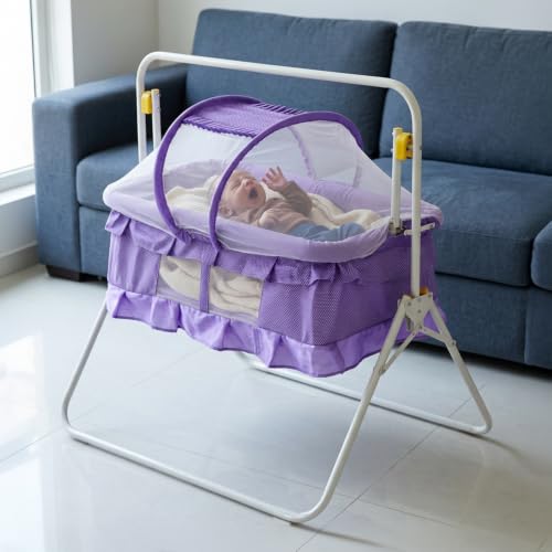 Image of Amazon Brand - Supples New Born Baby Cradle with Swing & Mosquito Net | 0-13 Months | Safety Belt with Lock | Sturdy & Safe | Polypropylene /Mild Steel | J1-Blue - Purple