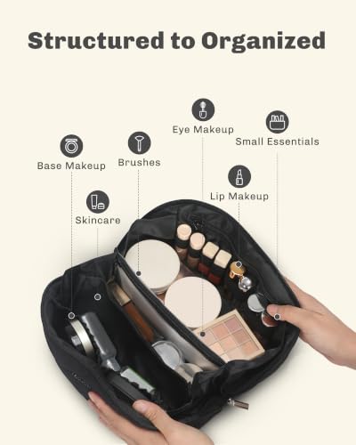 Image of Hynes Eagle Travel Makeup Bag for Women Puffy Cosmetic Organizer Pouch Open Flat Toiletry Bag for Toiletries Brushes Structured Base Jet Black