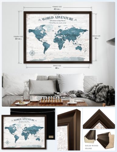 Image of IPIC - Large Personalized World Map Canvas Wall Art, Push Pin Travel Map with Custom Names to Track Your Travels, Vintage Teal Framed Wall Decor for Home, Office or RV, Made in USA