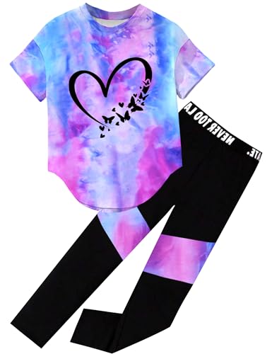 Image of Girls 2 Piece Outfits Kids Clothes Pants Sets Print Short Sleeve Top Leggings Spring Summer Tracksuit 4-13Y