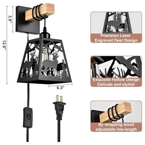 Image of Plug in Wall Sconce,Deer Matte Metal Rustic Wall Sconces,Black Wall Light,Farmhouse Wooden Wall Sconce Light Set of Two,Industrial Wall Lamps for Bedroom,Bedside,Living Room,Bathroom