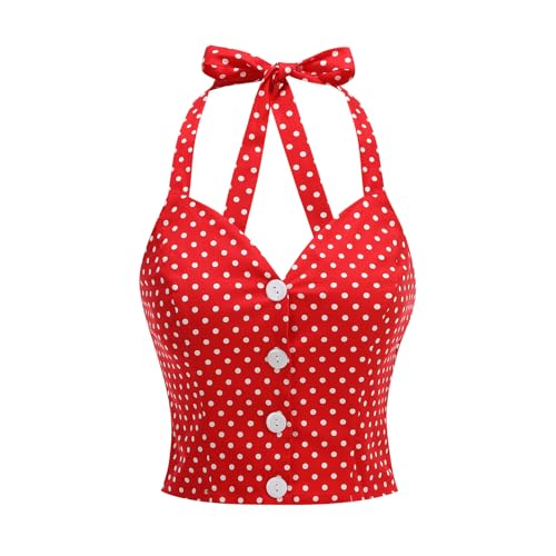 Vintage Tops for Women 1950s Polka Dot 50s Pin up Outfits Rockabilly Halter Top Pinup Retro Tops for Women Vintage Blouses 1960s 1940s Tank Top 50's Sexy Backless Audrey Hepburn Cocktail Blouse Red L