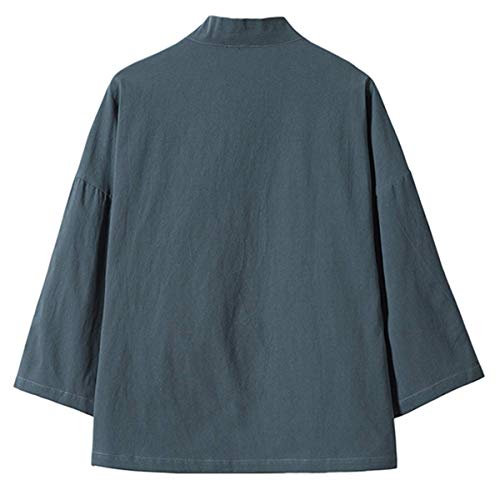 Image of Mens Japanese Kimono Cardigan Cotton Linen Haori Fashion 3 /4 Sleeve Yukata | Shawl Collar Kimono Jacket Robe Embroidery Patchwork Happi Coat Tie Pockets Lightweight Outerwear Daily Casual All Seasons