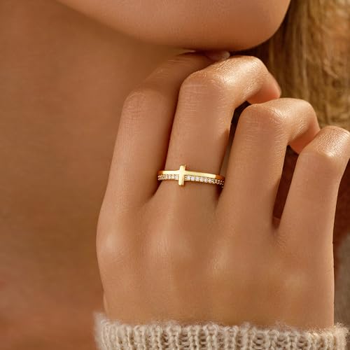 SUYACS 14K Gold Plated Cross Pray Rings for Women Non Tarnish 925 Sterling Silver Dainty CZ Faith Ring Trendy Stackable Eternity Promise Ring Birthday Wedding Jewelry Gifts to My Daughter2
