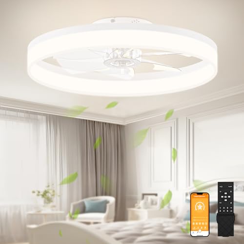 Image of VOLISUN Low Profile Bladeless Ceiling Fans with Dimmable LED Light, 23.6in Flush Mount for Bedroom (White)