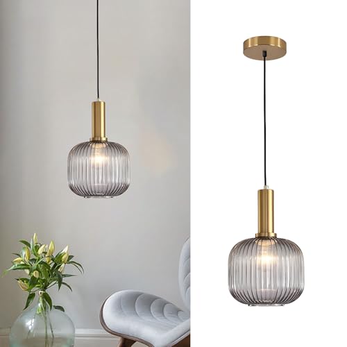 Tropibed Vintage Glass Pendant Light Fixtures Glass Pendant Ceiling Light for Kitchen Island Bedroom Dining Room Creative Glass Pendant Light Shade Retro Ceiling Hanging Lamp (Smoke Gray, 20cm)