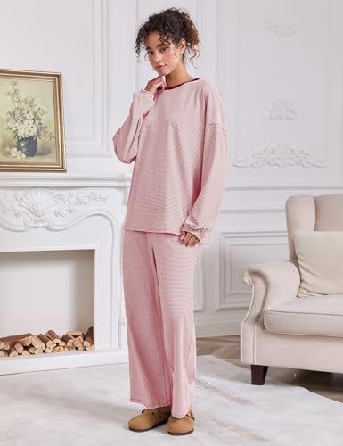 Image of MISSACTIVER Women's 2 Piece Striped Lounge Set Long Sleeve Oversized T-Shirt Wide Leg Pants Matching Pajamas Set