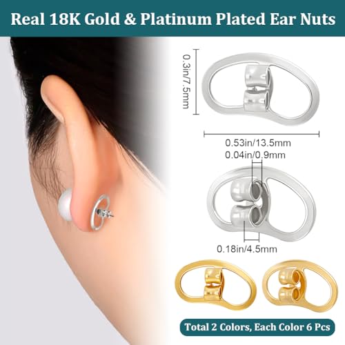 Beebeecraft 1 Box 12Pcs Earring Backs Replacement 18K Gold & Platinum Plated Earrings Stoppers Butterfly Large Earring Support Lifter Backing Secure Ear Locking for Studs Droopy Ears Stretched Earlobe - Image 2