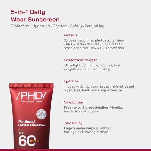 Image of /PHD / Panthenol Hydrating Gel Sunscreen SPF 60 PA++++ | Lightweight, Non-Greasy & Hydrating Formula | Broad Spectrum UVA UVB Protection | No White Cast | Daily Use Face Sunscreen for All Skin Types | 50 ml