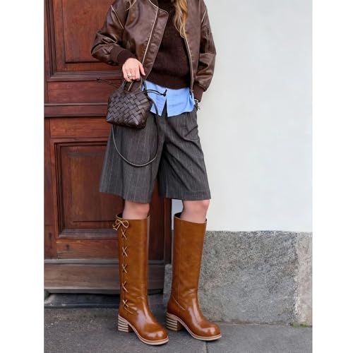 Image of UBWDU Women's Knee High Boots Chunky Block Heel Long Boots Square Toe Low Heel Boots for Women