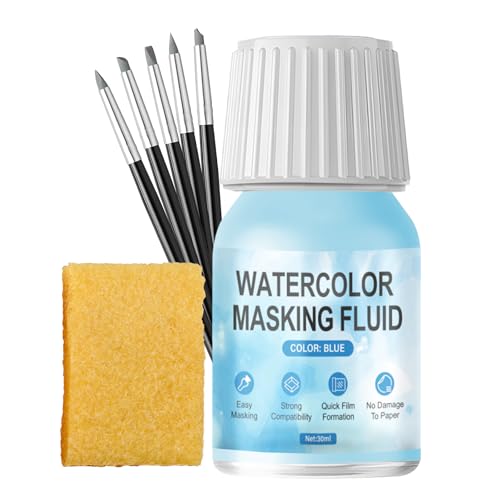 WANJAO Masking Fluid for Watercolor Painting, Liquid Masking Tape with Silicone Pens Cleaning Brush for Painting Fast Drying Easy Peel Use to Art Watercolor Supplies Retouching Covering, 30ml Blue