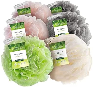 EcoTools Delicate EcoPouf Bath Sponge,Made With Recycled Materials,Exfoliating Bath Pouf,Loofah for Shower & Bath,In Assorted Colors,Green,White,Pink,and Gray,Perfect for Men & Women,6 Count
