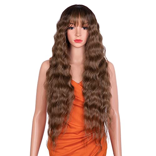 NOBLE STAR Long Wavy Wig with Bangs for Women 30 Inches Machine Made Dark Roots Soft Loose Deep Wave Synthetic Wigs for Daily Party Cosplay Use 130% Density (Caramel Brown)
