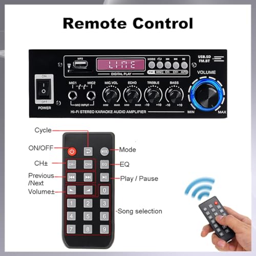 Power Amplifiers 2000W Wireless Bluetooth 5.0 Audio, 2 Channel Stereo Sound Audio Receiver 5-Band EQ Mixer, USB/SD, DVD/AUX Signal, FM, Remote Control for Car & Home Theater Use - Thumbnail 2