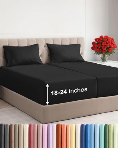Extra Deep Split King Sheet Set - 5 Piece Breathable Cooling Sheets - Black