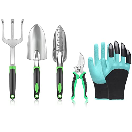 Garden Tools Set of 5 Pack - Lightweight Aluminum Alloy Cast Gardening Tools Kit Including Trowel, Transplanter, Pruner, Rake,Gardening Gloves for Men & Women (Green)
