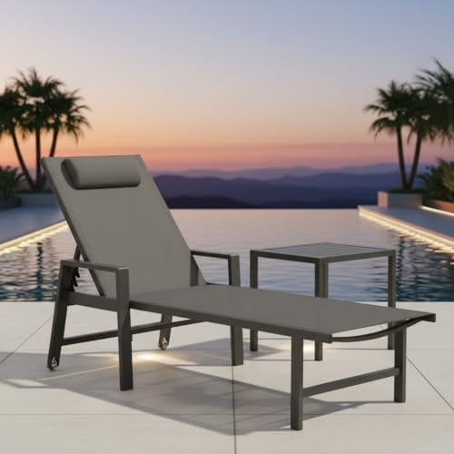 Mucola Aluminium Gartenmöbel Set Sonnenliege inkl. Gartentisch Gartenliege mit Rollen wetterfest, 5-Fach verstellbare Rückenlehne, Liegestuhl inkl. Kopfkissen (200 kg belastbar) Beistelltisch