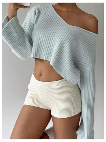 Image of Floerns Women's Long Sleeve Cropped Fall Pullover V Neck Drop Shoulder Rib Knit Sweaters Top
