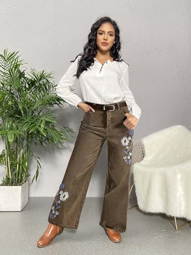 Flamingals Straight Leg Pants for Women Vintage Floral Embroidery Design Casual Pants2