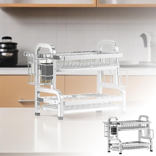 Yuehuam【分層収納】水切りラック 2段 ステンレス 耐蝕防錆 食器 水切り 大容量 超耐荷重 滑り止め足 安定 足可調整 お手入れ簡単 水受けトレイ 包丁&箸立て まな板ホルダー 自由交換 家庭用 フック付き