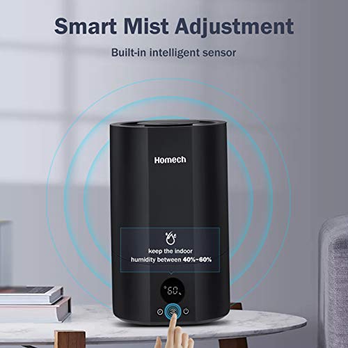 Homech Top Fill Humidifiers,4L Smart Air Humidifier with 3 Cool Mist Level Adjustable,AI Mode,12H Timer,Sleep Mode,28dB Quiet Ultrasonic Humidifiers for 15-40 Hours Run Time-Black (HM-AH005)