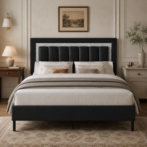 HOMBCK Queen Bed Frame with Headboard, Bed Frame Queen Size with Diamond Vertical Design,Platform Bed Frame with Faux Leather Upholstered,Wooden Slats - No Box Spring Needed, Black