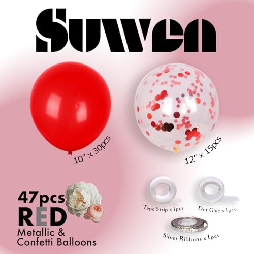 Image of SUWEN Red and Confetti Balloons Set 47PCS Shiny Latex Helium | Red Balloon for Birthday Valentine Mother's Day Anniversary Party Decorations