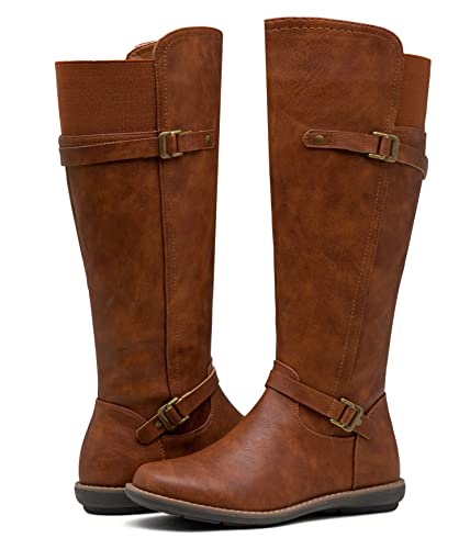 Jeossy Women's 9655 Knee High Boots Brown/Red Brown Flat Riding Boots Buckle Tall Boots With Zipper For Women Size 8.5(Djy9655 Brown 08.5) #TOP5