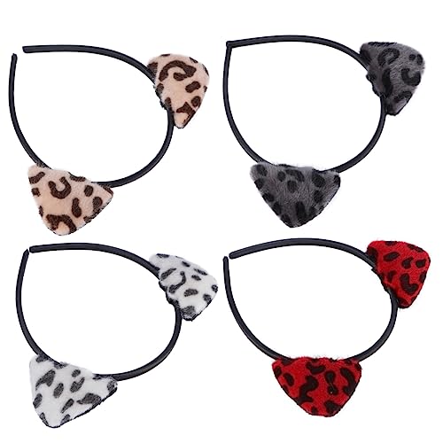 BELLIFFY 4個プラッシュ猫耳ヘッドバンド ヒョウ柄プリント 女の子用柔軟ヘアフープ コスチュームアクセサリー 男女兼用