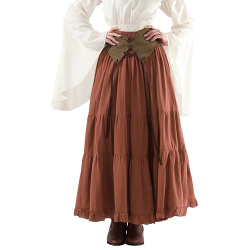 Fiamll Mittelalter Rock Damen A-Linie Lang, Elastische Taille mit Kordelzug, Renaissance Maxirock Rot, Victorianischer Stil, XXL