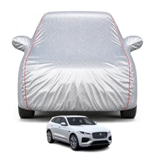 Image of Premium Car Cover for Jaguar F-Pace Model | Waterproof, UV & Dust Protection | Mirror & Antenna Pocket | Triple Stitched, Soft Inner Lining, Belt & Buckle (Metalic Silver)