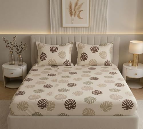 Image of Castiqa Cotton Feels All Over Elastic Fitted Bedsheet Set Perfect Upto 10inch Mattress with 2 Matching Pillow Covers Size-18x28inch (King Size 72x78, Light Stripes)