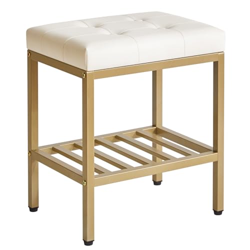 IBUYKE Silla de maquillaje rectangular con patas ajustables y espacio de almacenamiento, silla reposapiés, asiento de PU para tocador, multifuncional como mesa lateral pequeña o otomán, blanca WBD017W