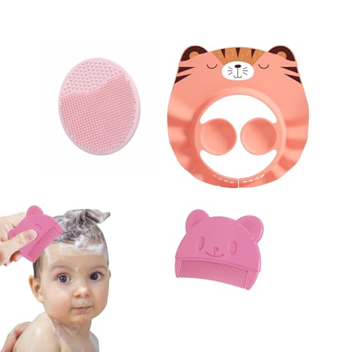 DHWEKU Cepillo de baño para bebé,cepillo de tapa para cuna de bebé,cepillo de masaje de silicona,Gorro de baño para bebé,peine para bebé,peine para niños (3 piezas) (rosa)