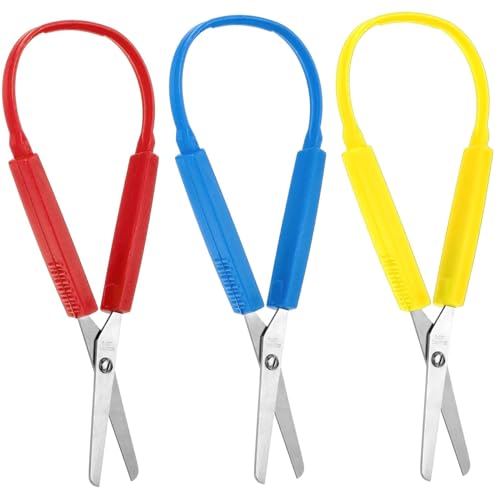 3 tijeras de bucle para niños, de 8 x 3 pulgadas, de acero inoxidable, de seguridad, con bucle de polipropileno, en rojo, azul y amarillo. Útiles escolares portátiles de repuesto para arte y manualida