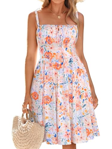 Womens Summer Mini Corset Casual Dresses Spaghetti Straps Lace Up Vacation Beach Sundress with Pockets