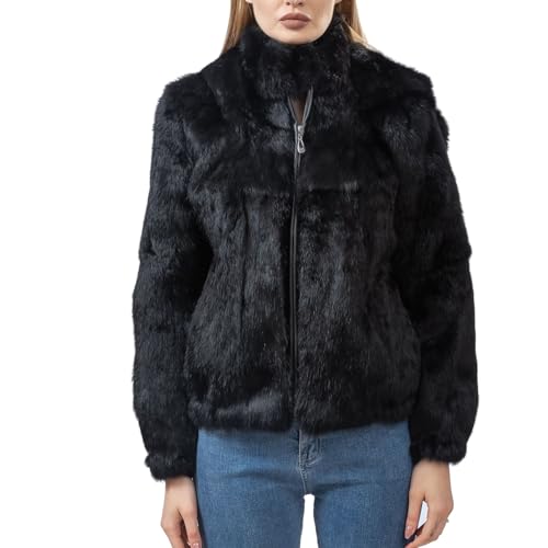 LVCOMEFF Women Natural Rabbit Fur Coat With Hood Jacket With High Collar Furry