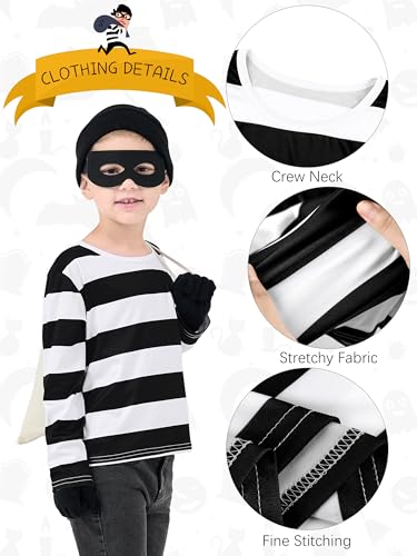 FancyFun 5 PCS Kids Halloween Costume Set, Boys Robber Costume Cosplay Set Burglar Accessories Striped Shirt Beanie Cap Mask